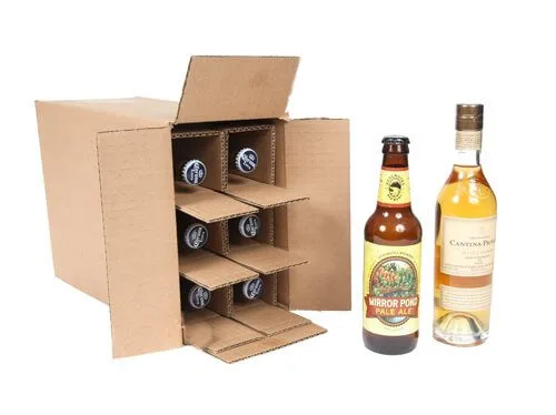 Beer bottle shipper from Spirited Shipper made for and containing six 375 bottles of beer pictured next to two bottles of beer